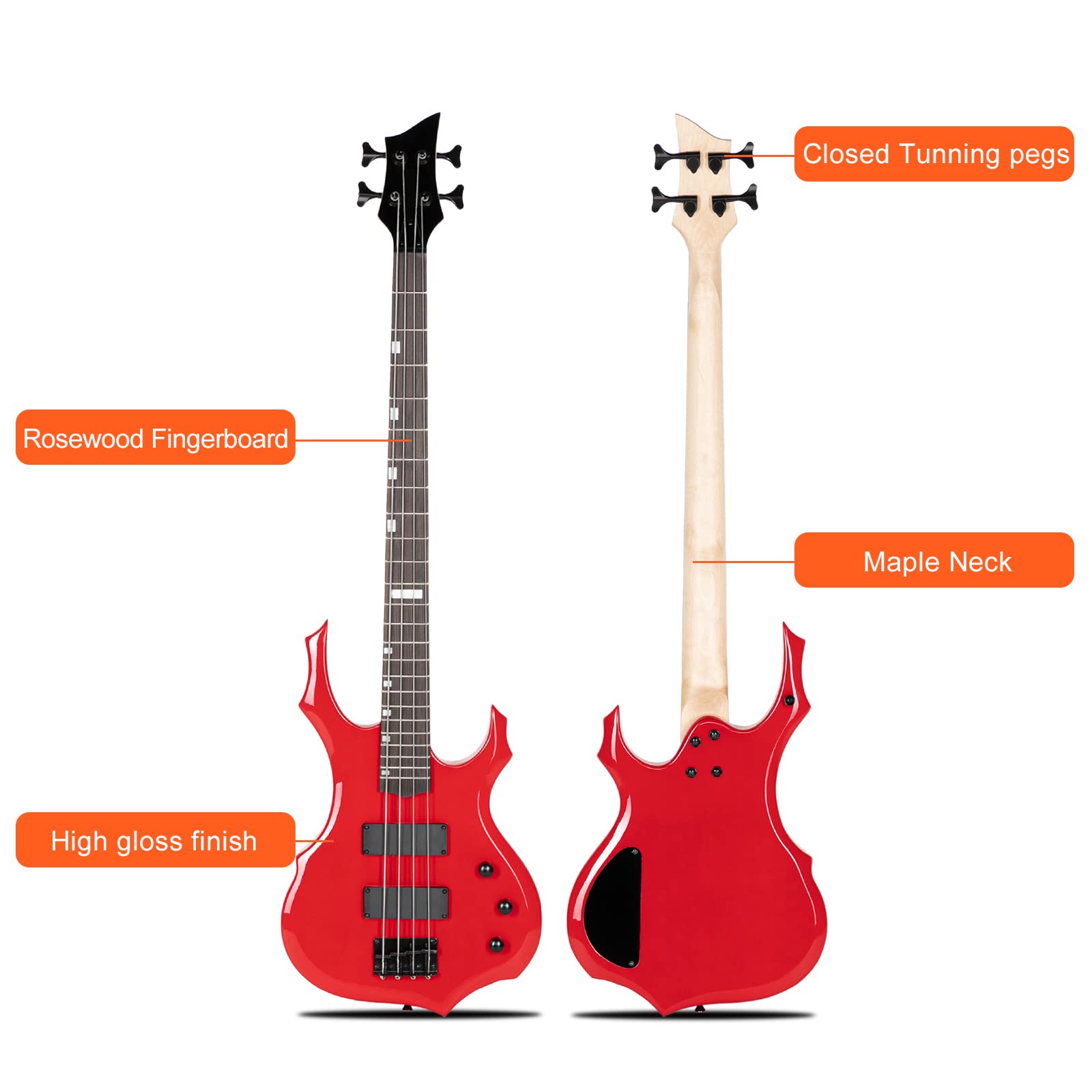 Ktaxon Electric Bass Guitar Full Size Flame Design Bass Set with 20 Watt Amplifier, Portable Bass Bag, Superior Amp Wire, Adjustable Guitar Strap, Plectrum, Wrench Tool(Red)