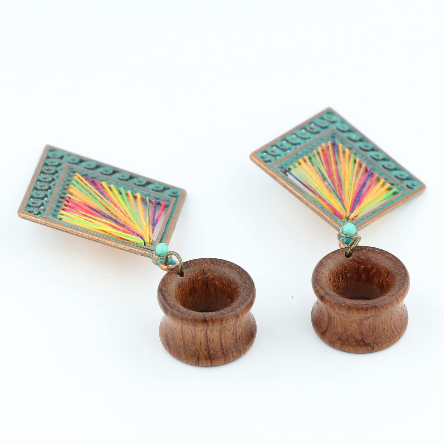 Balala 9/16 inch 14mm Verdigris Antique Brass Rhombus Dangle Wood Ear Gauges Piercing Flesh Tunnels Plugs Statement Earrings