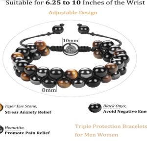 Triple Protection Bracelet, Genuine Tigers Eye Black Obsidian and Hematite 8mm Beads Bracelet for Men Women, Crystal Jewelry Stone Bracelets Bring Luck and Prosperity and Happiness