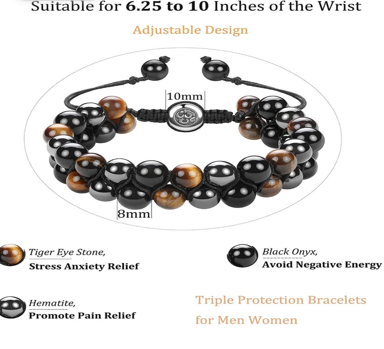 Triple Protection Bracelet, Genuine Tigers Eye Black Obsidian and Hematite 8mm Beads Bracelet for Men Women, Crystal Jewelry Stone Bracelets Bring Luck and Prosperity and Happiness