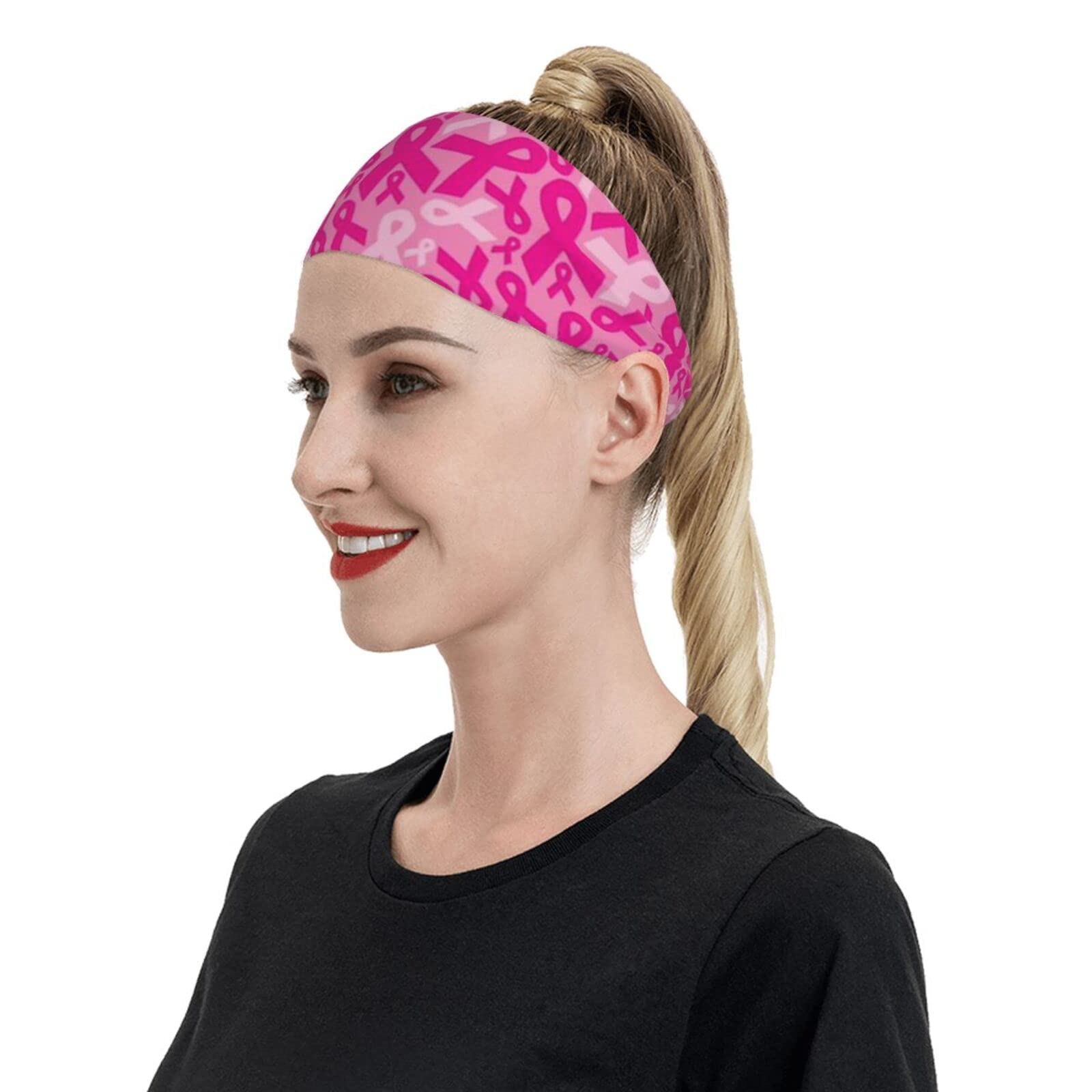 Breathable Headbands Stretchy Athletic Hairband Moisture Wicking Bandana Breast Cancer Ribbons for Summer Running, Training, Workout