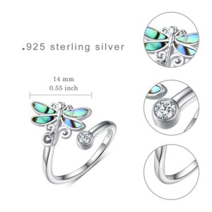 SVODEA 925 Sterling Silver Created Abalone Shell Dragonfly/Butterfly Adjustable Rings,Dainty Cubic Zirconia Animal Statement Rings Gifts for Women