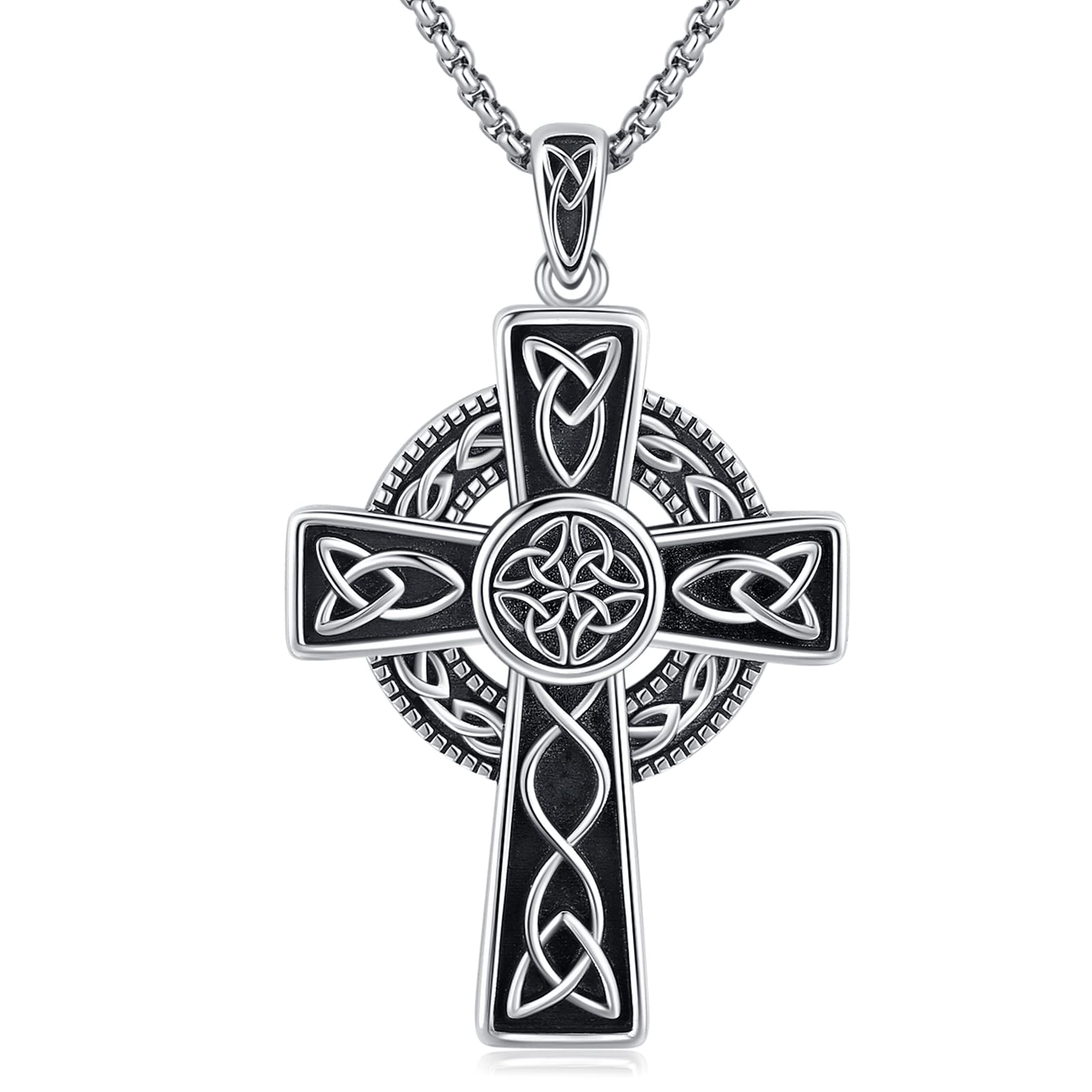 Midir&Etain Celtic Cross Necklace for Men Sterling Silver Irish Knot Celtic Cross Necklace Black Pendant Crucifix Necklace Jewelry Gifts for Men Women