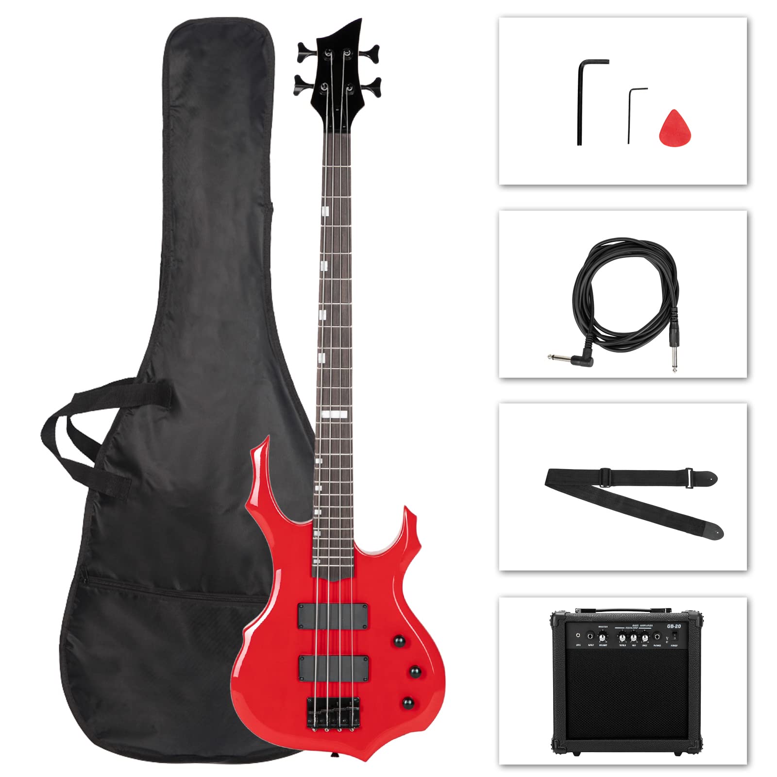 Ktaxon Electric Bass Guitar Full Size Flame Design Bass Set with 20 Watt Amplifier, Portable Bass Bag, Superior Amp Wire, Adjustable Guitar Strap, Plectrum, Wrench Tool(Red)