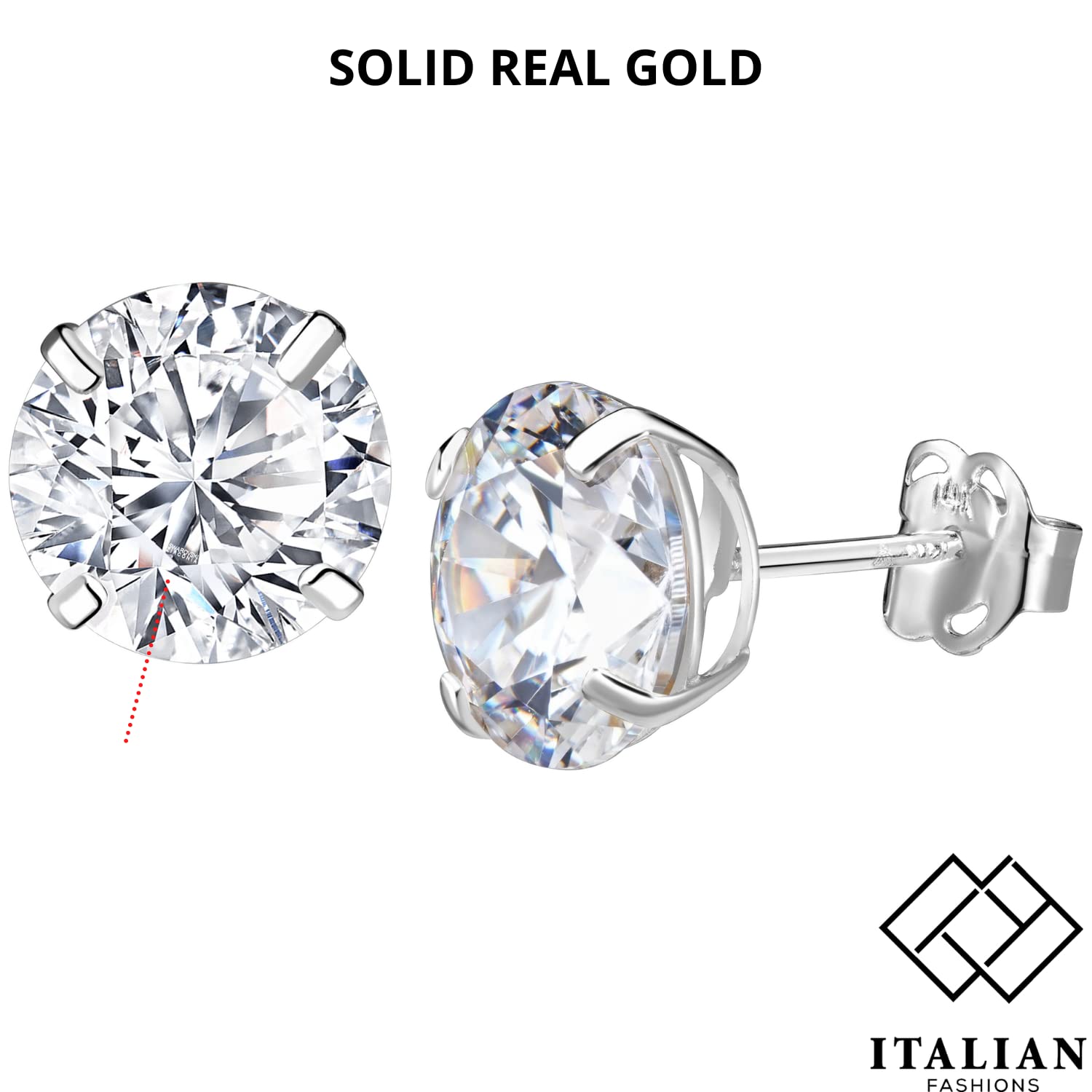 ITALIAN FASHIONS 14k White Solid Gold ROUND Stud Earrings | 6.5mm | With Gift Box | Gold Stud Earrings Women and Men Round Cut Clear Cubic Zirconia