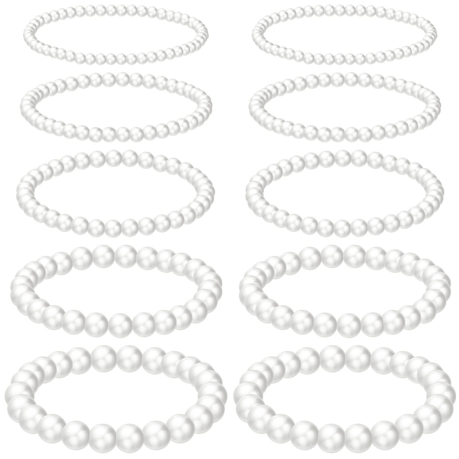 Kajaia 10 Pcs Faux Pearl Bracelets for Women Pearl Bracelets for Bridesmaid Stretch Beaded Bracelets for Wedding Bridal Party (Mixed Size)