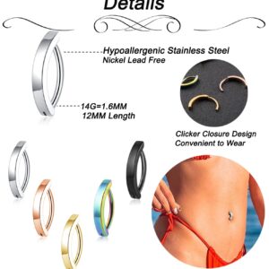 NICEIGHT 5PCS 14G 316L Stainless Steel Clicker Belly Button Rings for Women Simple Reverse Navel Rings Clip on Belly Ring Barbell Body Jewelry Piercing 12MM