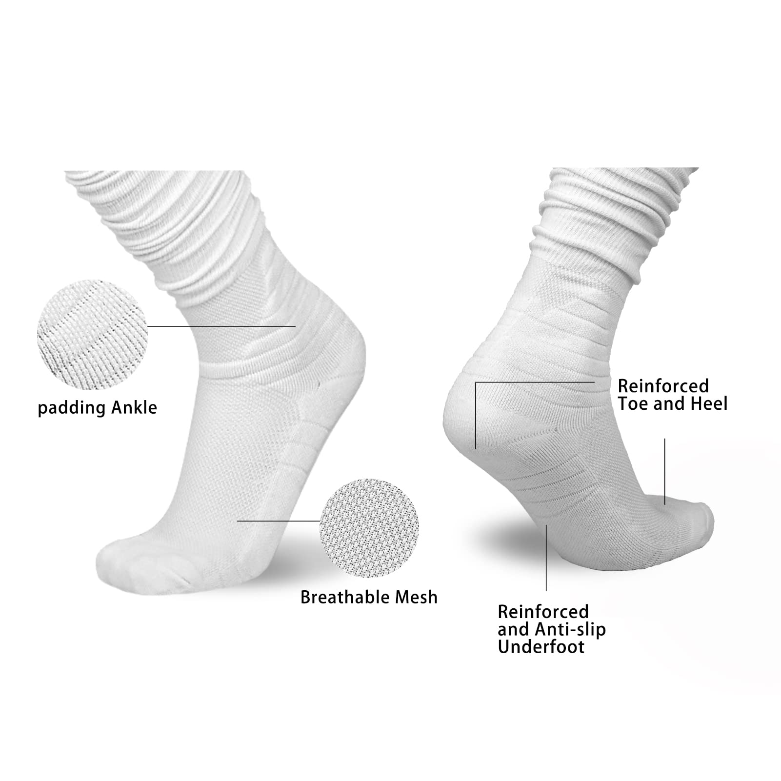 YYXR Football Socks Non Slip Extra Long Football Socks Men White Soccer Socks Knee High Scrunchie Athletic Compression Socks