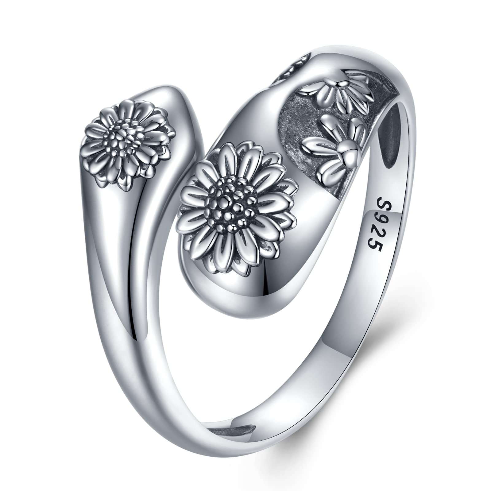 SVODEA Sunflower Rings for Women 925 Sterling Silver Vintage Spoon Ring Daisy Adjustable Rings You are My Sunshine Flower Statement Band for Women