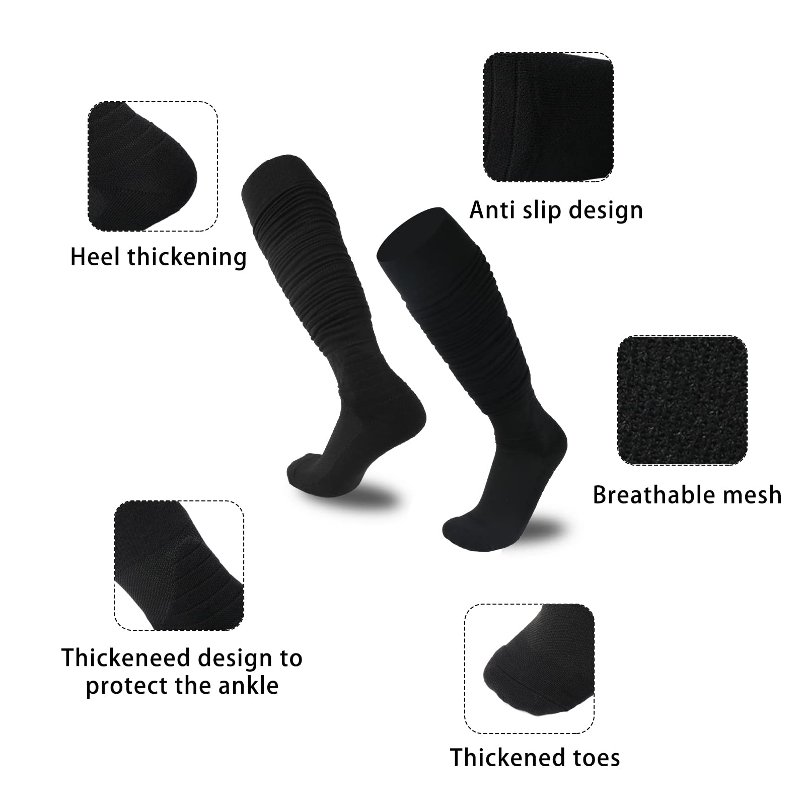 YYXR Black Football Socks Non Slip Extra Long Compression Socks Men Soccer Socks Knee High Scrunchie Athletic Tube Socks