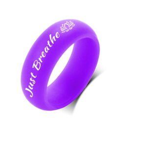 SSZYU Engraved Just Breathe Silicone Inspirational Rings Breathable Inner Arc Ergonomic Design Rubber Domed Stackable Knuckle Comfort Workout Band Graduation Mantra Ring for Women Men,Purple Size 11