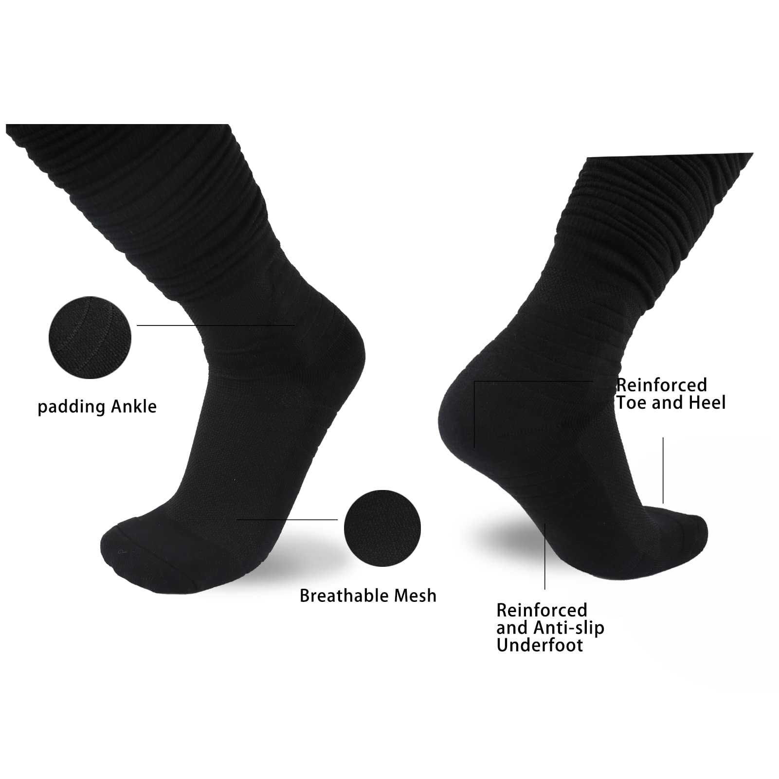 YYXR Black Football Socks Non Slip Extra Long Compression Socks Men Soccer Socks Knee High Scrunchie Athletic Tube Socks