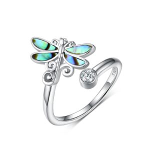 svodea 925 sterling silver created abalone shell dragonfly/butterfly adjustable rings,dainty cubic zirconia animal statement rings gifts for women