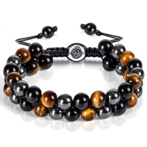 Triple Protection Bracelet, Genuine Tigers Eye Black Obsidian and Hematite 8mm Beads Bracelet for Men Women, Crystal Jewelry Stone Bracelets Bring Luck and Prosperity and Happiness