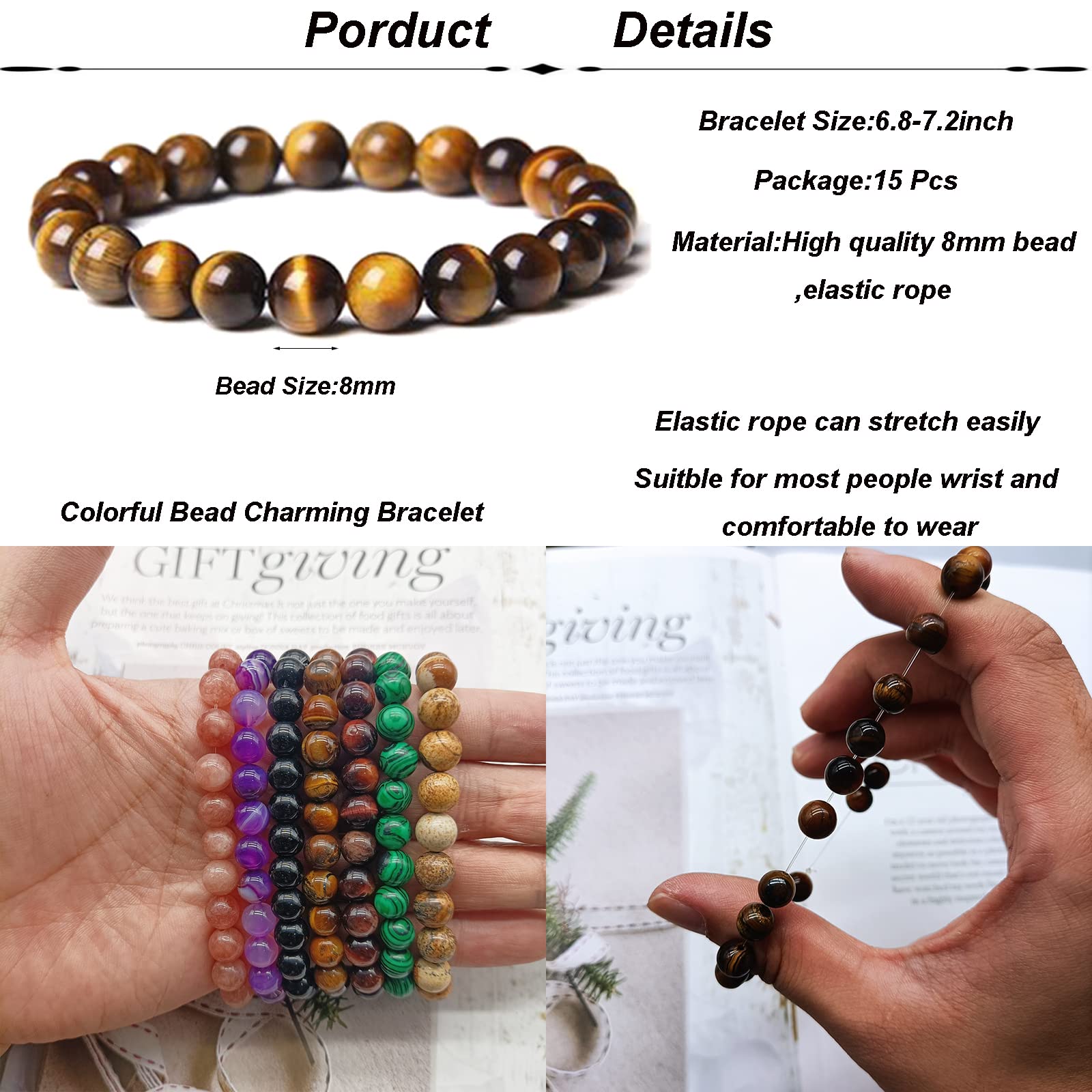 SONNYX 15 PCS 8mm Gorgeous Semi-Precious Gemstones Bracelets Round Beaded Bracelets for Women Men Stone Crystal Stretch Beads Bracelet Unisex