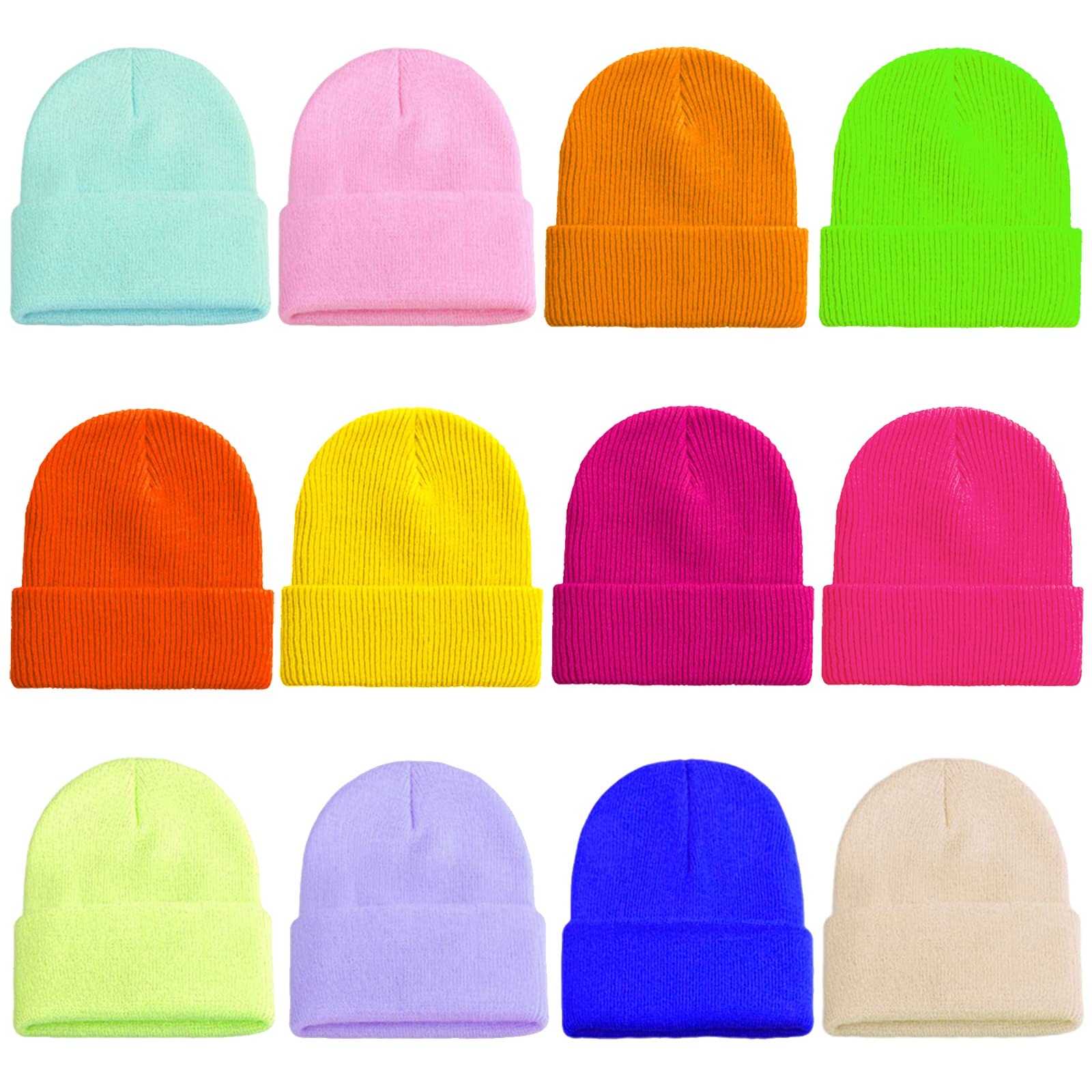 Extpro 12 Pack Beanie Hat Bulk Knitted Candy Color Cuffed Skull Cap for Women Men Teens (Multicolor-D)