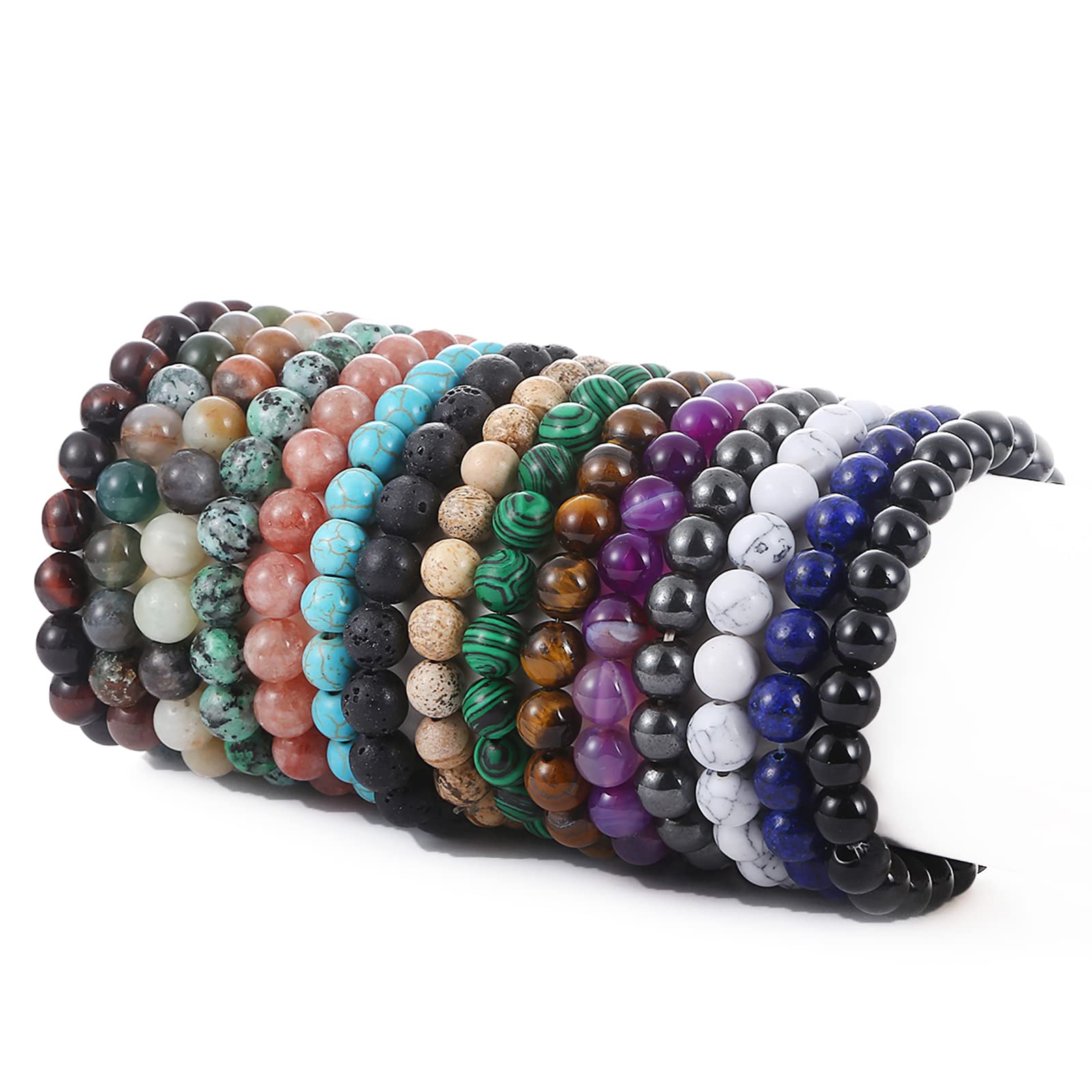 SONNYX 15 PCS 8mm Gorgeous Semi-Precious Gemstones Bracelets Round Beaded Bracelets for Women Men Stone Crystal Stretch Beads Bracelet Unisex