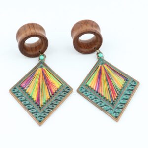 Balala 9/16 inch 14mm Verdigris Antique Brass Rhombus Dangle Wood Ear Gauges Piercing Flesh Tunnels Plugs Statement Earrings