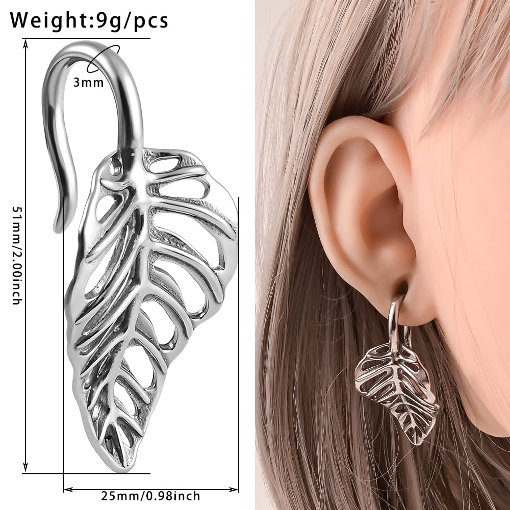 Atomhole 2 Pcs Ear Gauges Fashion Leaves Ear Weight Hanger Hypoallergenic 316 Stainless Steel Ear Plugs Tunnels Stretching A Pair Selling 2g 0g Piercing Body Jewelry (4mm(6G), Silver)