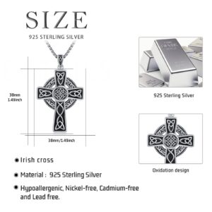 Midir&Etain Celtic Cross Necklace for Men Sterling Silver Irish Knot Celtic Cross Necklace Black Pendant Crucifix Necklace Jewelry Gifts for Men Women