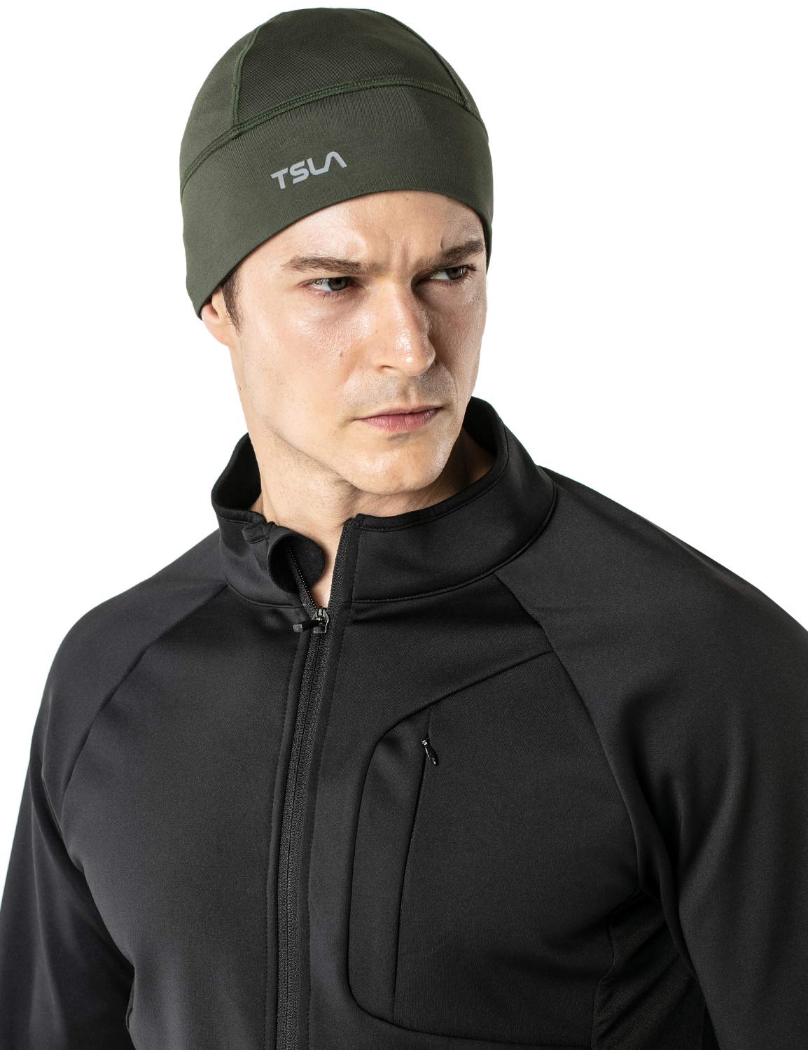 TSLA Men and Women Thermal Fleece Skull Cap, Winter Ski Cycling Under Helmet Liner, Running Beanie Hat, Cap 1piece Dim Army Green, One Size