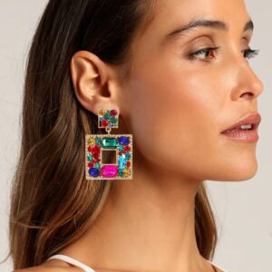 Canboer Colorful Rhinestone Square Dangle Earrings Sparkly Crystal Geometric Drop Statement Earrings Hypoallergenic for Women Party Prom