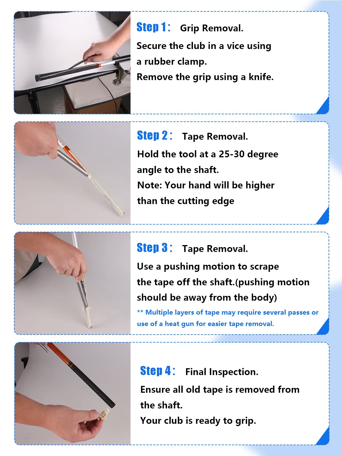 2thpart Golf Grip Tape Stripper Remove Tool, No Tape Residue Rapid Removal - Perfect for Regripping Graphite and Steel Shafts Golf Club Grip Repair Kits