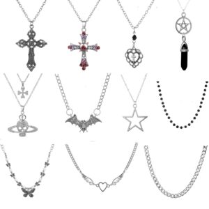 11pcs punk vintage necklace set goth grunge saturn star indie butterfly boho crystal y2k cross pendent heart wing statement choker for women men