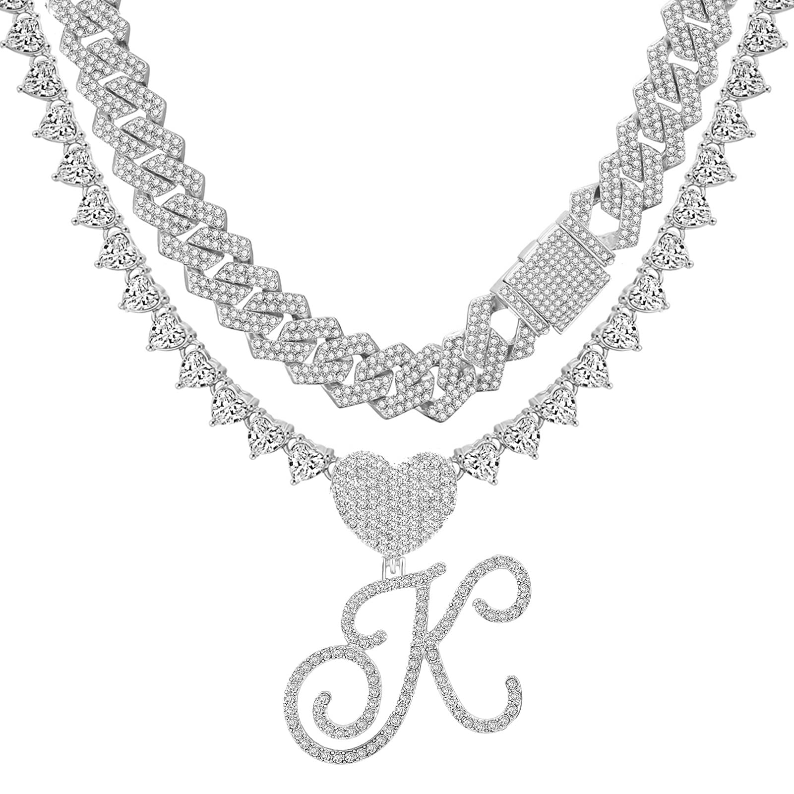 DLSIXNCO Silver Cuban Link Chain for Women Cursive Initial Layered Necklaces Heart Shape Bling Diamond Iced Out Pendant Necklace for Women 2PCS Hip Hop Chain Trendy Dainty Rapper Jewelry Gift, 16