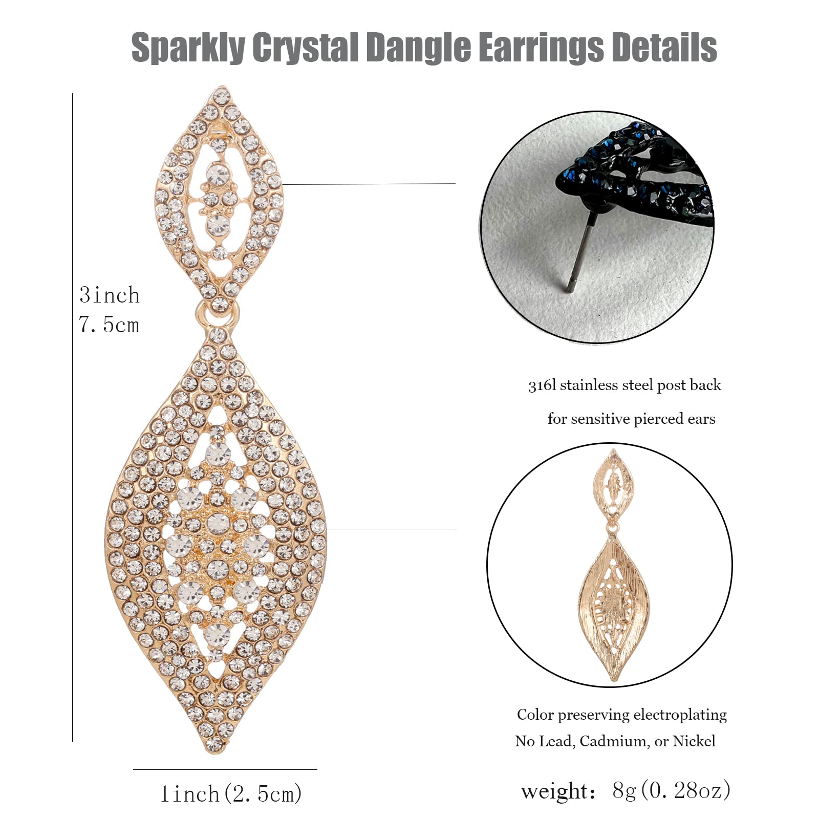 Canboer Fancy Gold Rhinestone Crystal Wedding Bridal Long Dangle Drop Earrings Crystal Leaf Chandlier Earrings for Women Party Prom