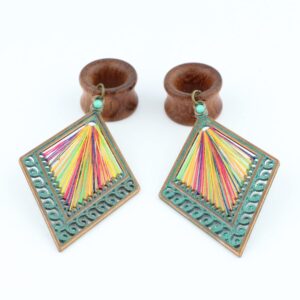 Balala 9/16 inch 14mm Verdigris Antique Brass Rhombus Dangle Wood Ear Gauges Piercing Flesh Tunnels Plugs Statement Earrings