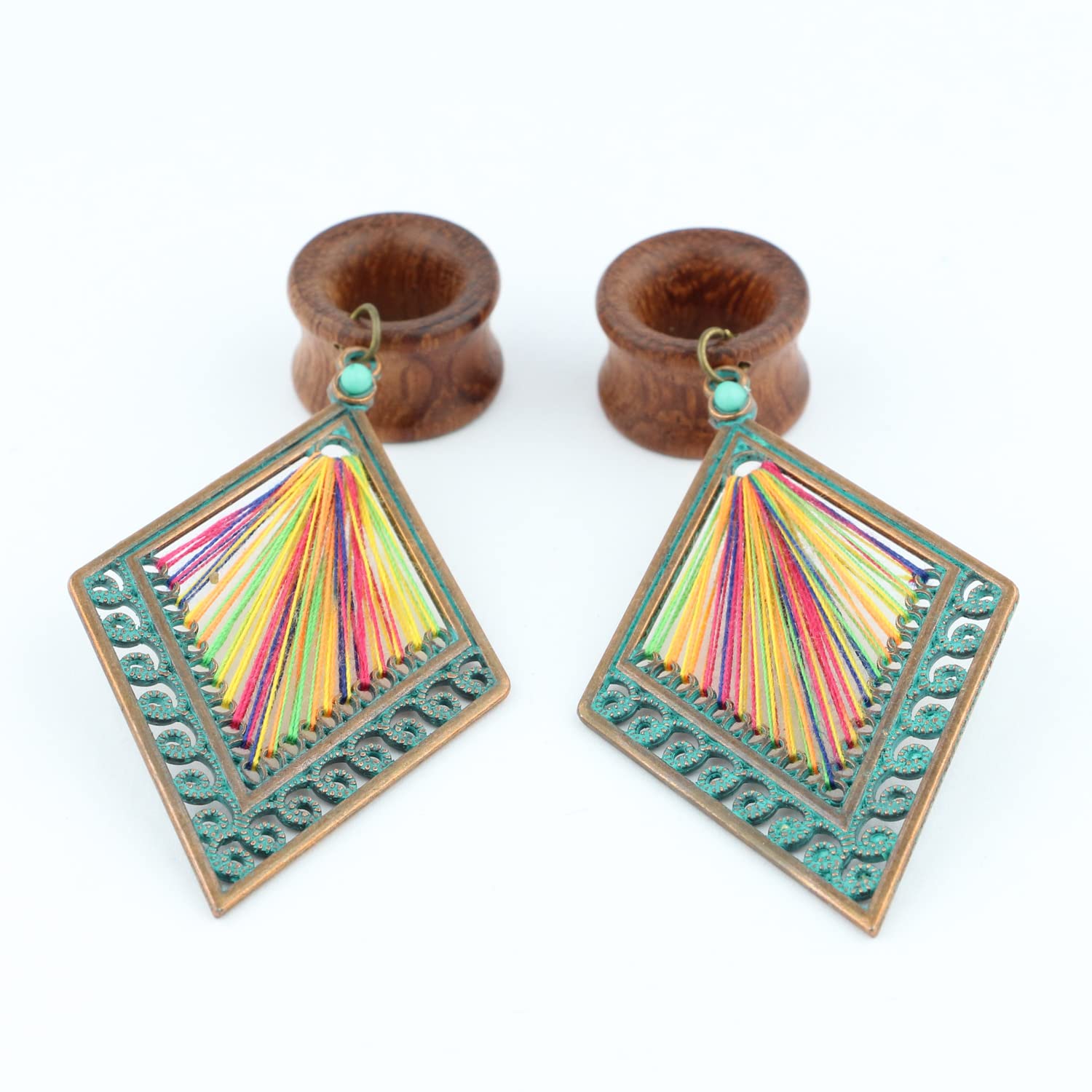 Balala 9/16 inch 14mm Verdigris Antique Brass Rhombus Dangle Wood Ear Gauges Piercing Flesh Tunnels Plugs Statement Earrings