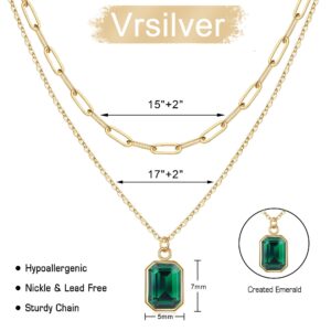 Vrsilver Birthstone Necklace for Women, Layered Gold Necklaces for Women Trendy Emerald Necklaces for Women May Birthstone Necklace for Girls Birthday Gifts for Women Gold Layered Necklaces for Women