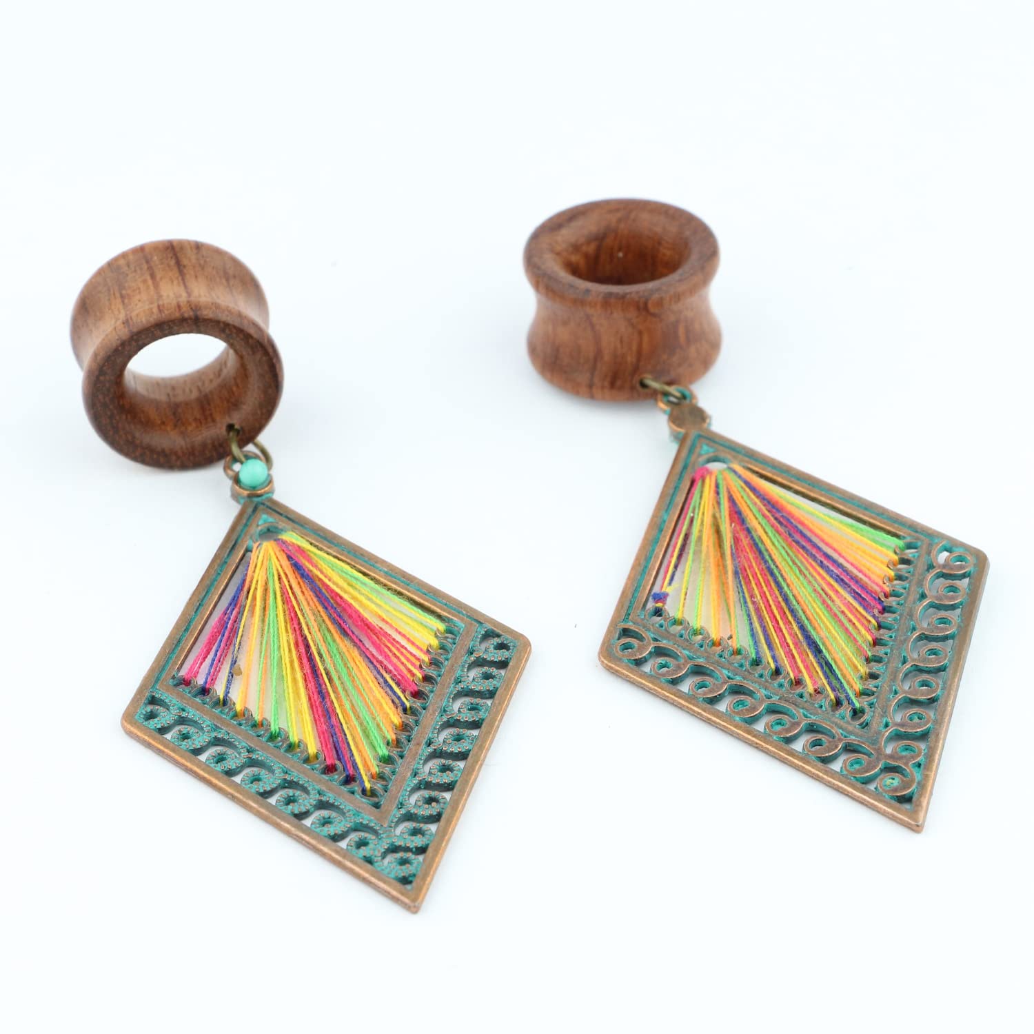 Balala 9/16 inch 14mm Verdigris Antique Brass Rhombus Dangle Wood Ear Gauges Piercing Flesh Tunnels Plugs Statement Earrings