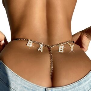 Summer Beach Rhinestone Letter Waist Chain Thong Panties Bikini Crystal Alphabet Underpants Belly Waist Chain G String Waist Body Jewelry for Women (gold)