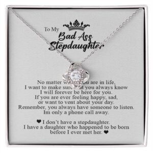 to my bad ass step daughter, gifts for stepdaughter, step daughter gifts, love knot necklace, jewelry card for her, stainless steel, cubic zirconia