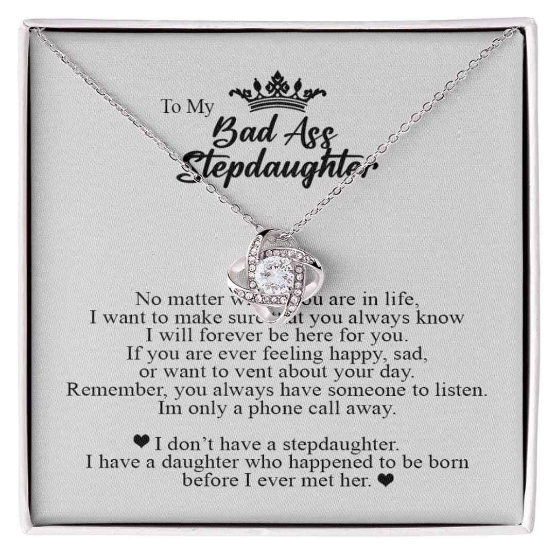 To My Bad Ass Step Daughter, Gifts for Stepdaughter, Step Daughter Gifts, Love Knot Necklace, Jewelry Card for Her, Stainless Steel, Cubic Zirconia