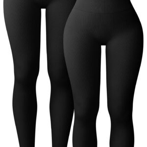 OQQ Women's 2 Piece Yoga Leggings Ribbed Seamless Workout High Waist Athletic Pants Black Black