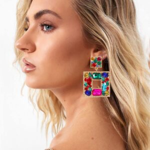 Canboer Colorful Rhinestone Square Dangle Earrings Sparkly Crystal Geometric Drop Statement Earrings Hypoallergenic for Women Party Prom