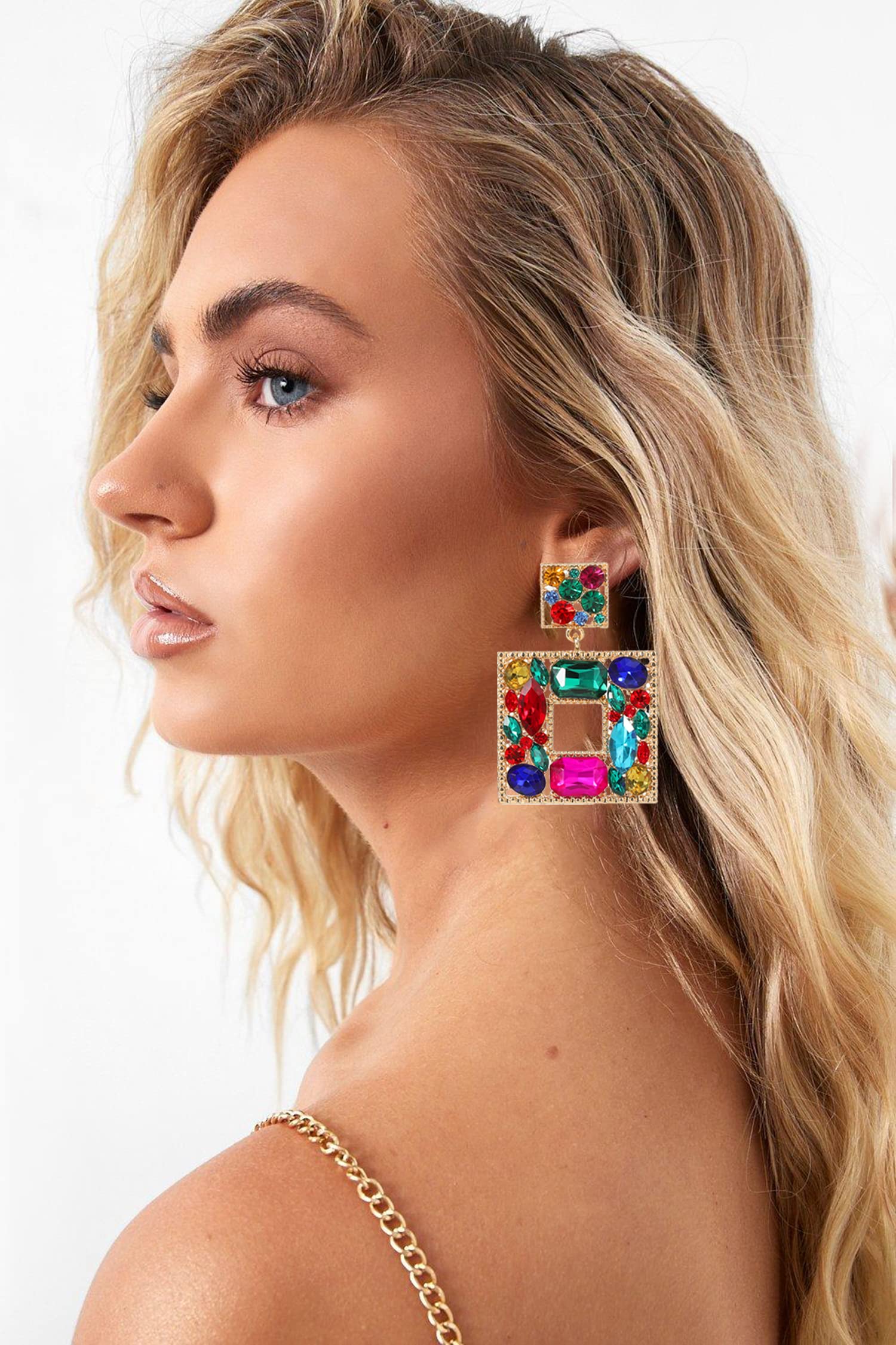 Canboer Colorful Rhinestone Square Dangle Earrings Sparkly Crystal Geometric Drop Statement Earrings Hypoallergenic for Women Party Prom