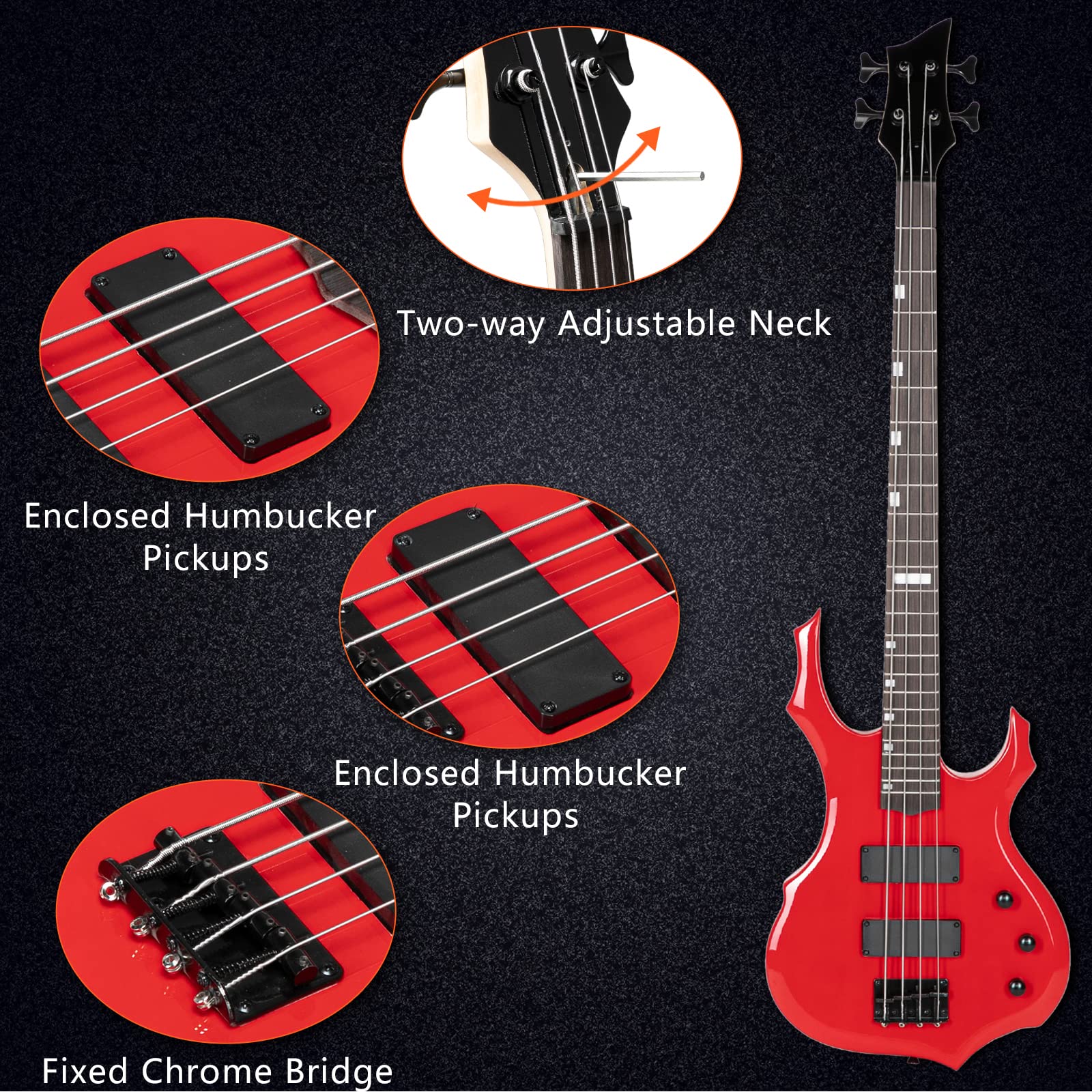 Ktaxon Electric Bass Guitar Full Size Flame Design Bass Set with 20 Watt Amplifier, Portable Bass Bag, Superior Amp Wire, Adjustable Guitar Strap, Plectrum, Wrench Tool(Red)