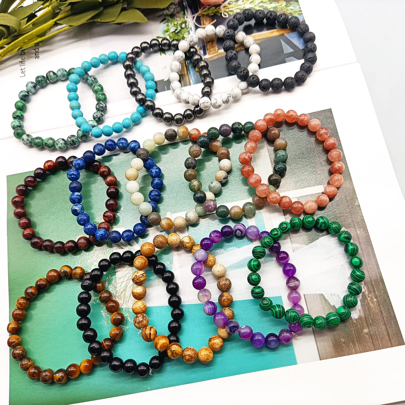 SONNYX 15 PCS 8mm Gorgeous Semi-Precious Gemstones Bracelets Round Beaded Bracelets for Women Men Stone Crystal Stretch Beads Bracelet Unisex