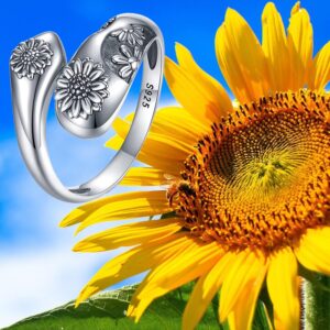 SVODEA Sunflower Rings for Women 925 Sterling Silver Vintage Spoon Ring Daisy Adjustable Rings You are My Sunshine Flower Statement Band for Women