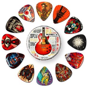 guitar picks 24 pack thin, medium, heavy & extra heavy picks with tin box,variety pack artistic celluloid guitar pick for bass electric guitar acoustic guitar lovers gift (mix-2)