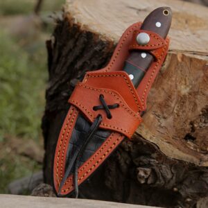 H.M Knives Handmade Damascus Steel Knife - Fixed blade Bush craft Hunting Knife, Survival & Camping Knives, with Rose Wood Handle Real leather Sheath, (HM1)