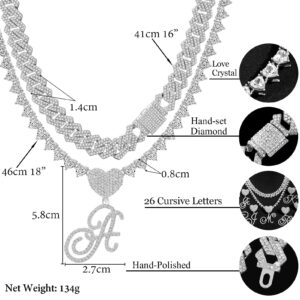 DLSIXNCO Silver Cuban Link Chain for Women Cursive Initial Layered Necklaces Heart Shape Bling Diamond Iced Out Pendant Necklace for Women 2PCS Hip Hop Chain Trendy Dainty Rapper Jewelry Gift, 16