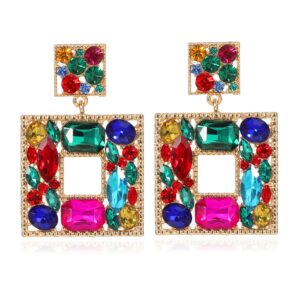 Canboer Colorful Rhinestone Square Dangle Earrings Sparkly Crystal Geometric Drop Statement Earrings Hypoallergenic for Women Party Prom