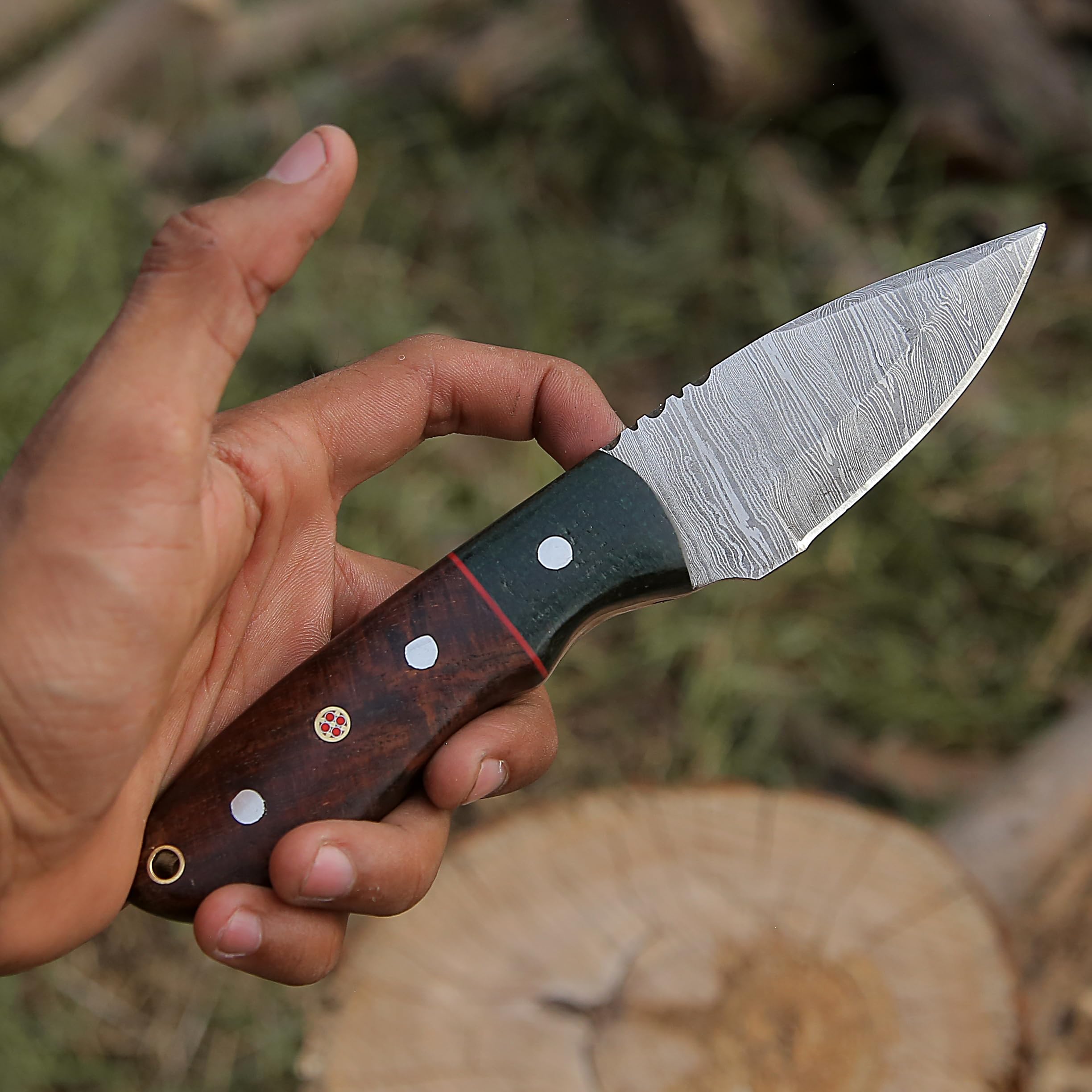 H.M Knives Handmade Damascus Steel Knife - Fixed blade Bush craft Hunting Knife, Survival & Camping Knives, with Rose Wood Handle Real leather Sheath, (HM1)