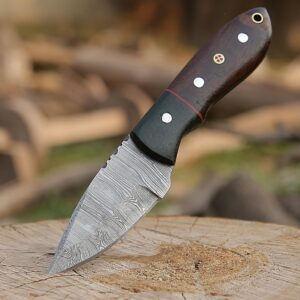 H.M Knives Handmade Damascus Steel Knife - Fixed blade Bush craft Hunting Knife, Survival & Camping Knives, with Rose Wood Handle Real leather Sheath, (HM1)