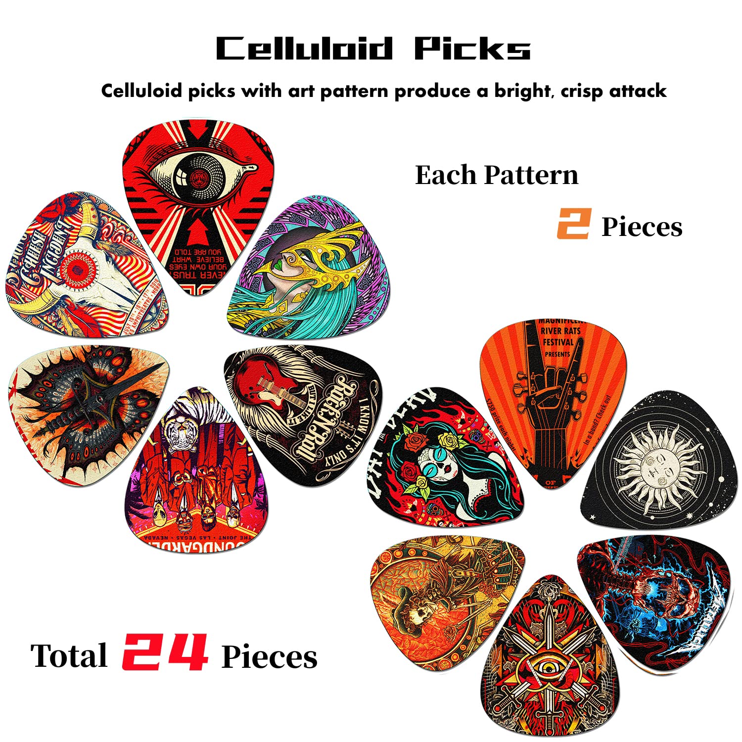 Guitar Picks 24 Pack Thin, Medium, Heavy & Extra Heavy Picks with Tin Box,Variety Pack Artistic Celluloid Guitar Pick for Bass Electric Guitar Acoustic Guitar Lovers Gift (Mix-2)